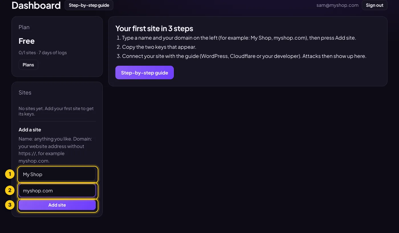 The add site form in the dashboard