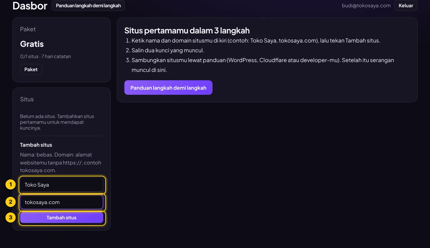 Formulir tambah situs di dasbor