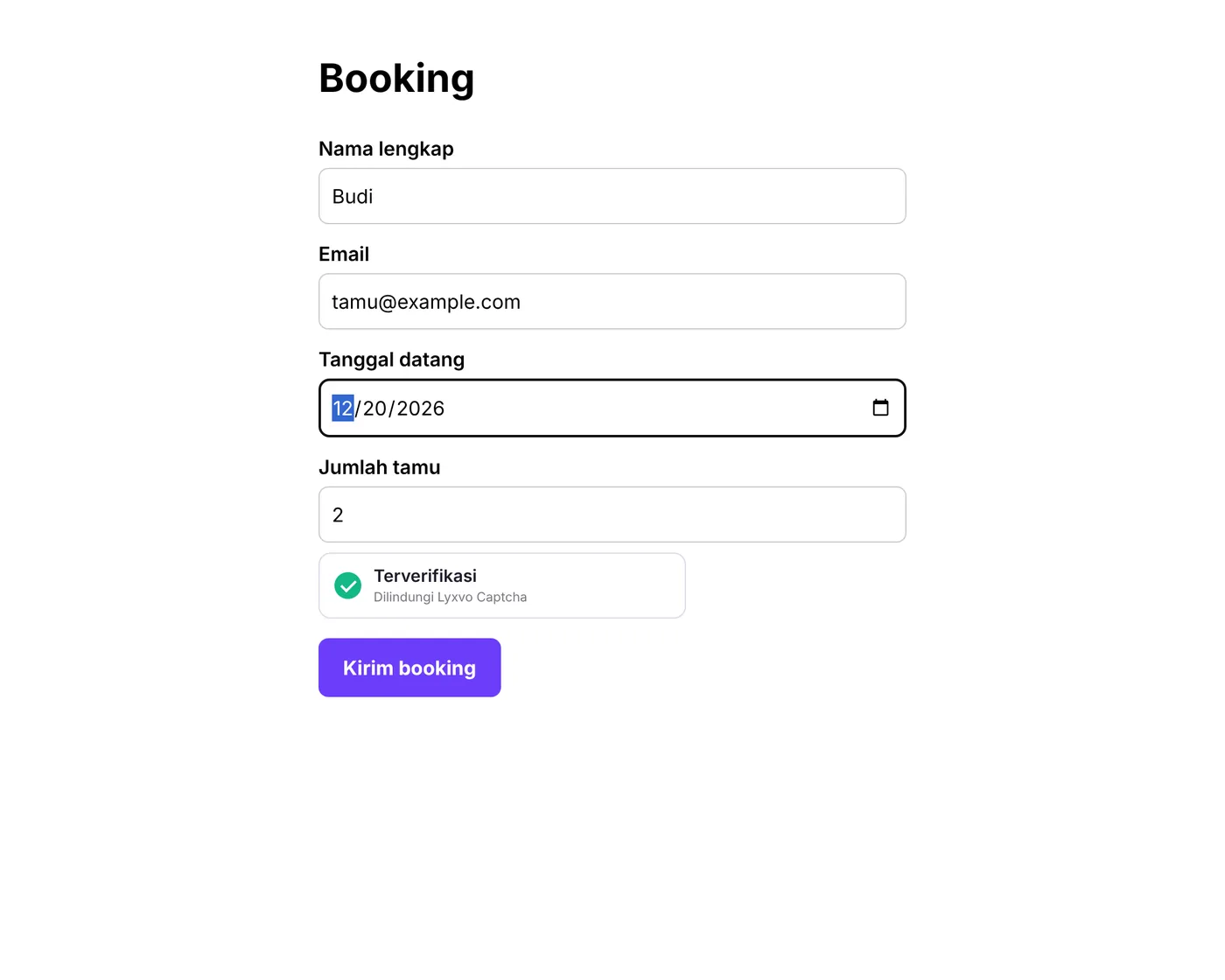 Contoh formulir booking dengan Lyxvo Captcha terverifikasi