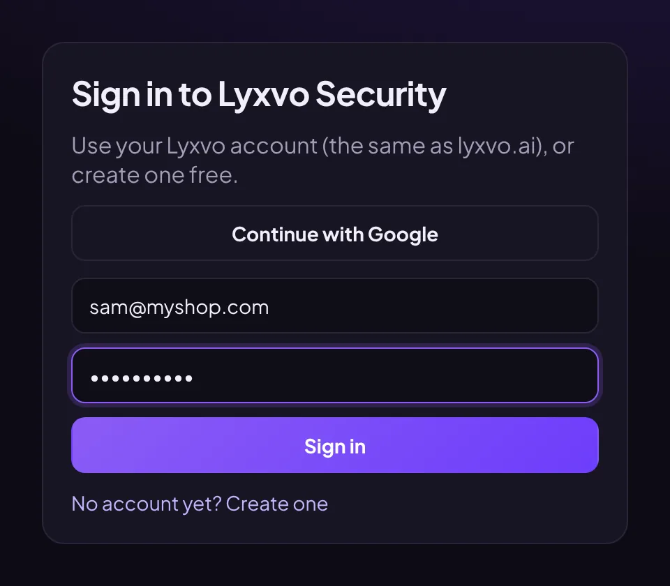 Lyxvo Security dashboard sign-in page