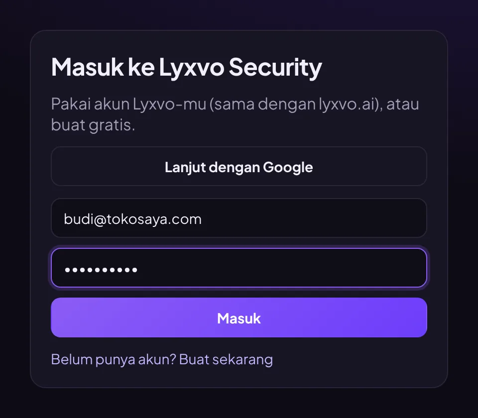Halaman masuk dasbor Lyxvo Security