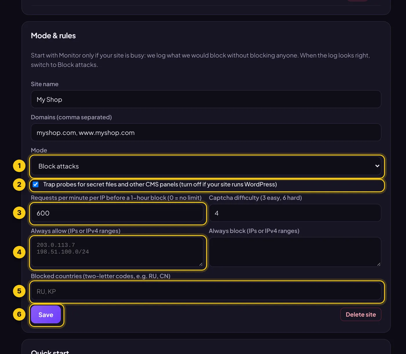 The mode and rules form