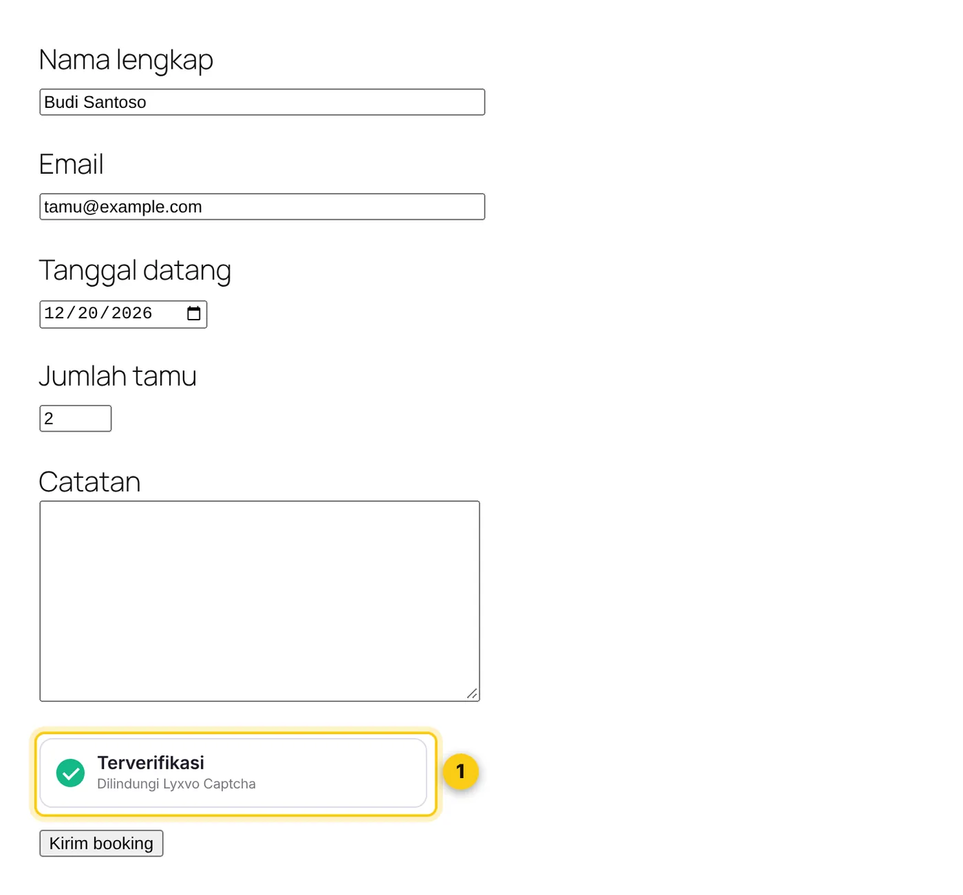 Formulir booking Contact Form 7 dengan kotak Lyxvo Captcha