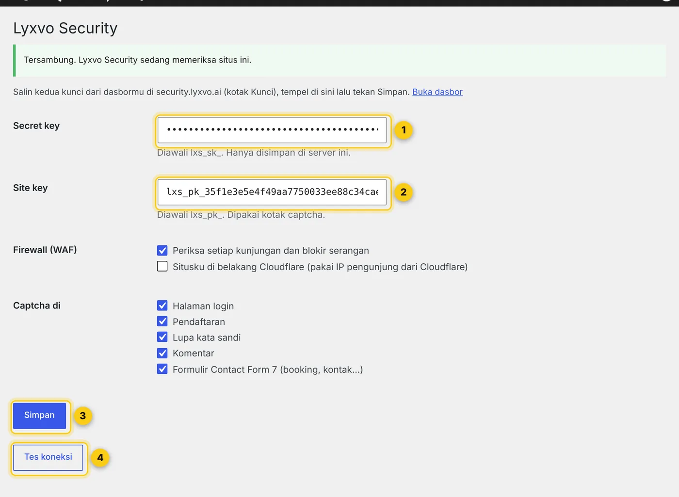 Halaman Pengaturan → Lyxvo Security di WordPress