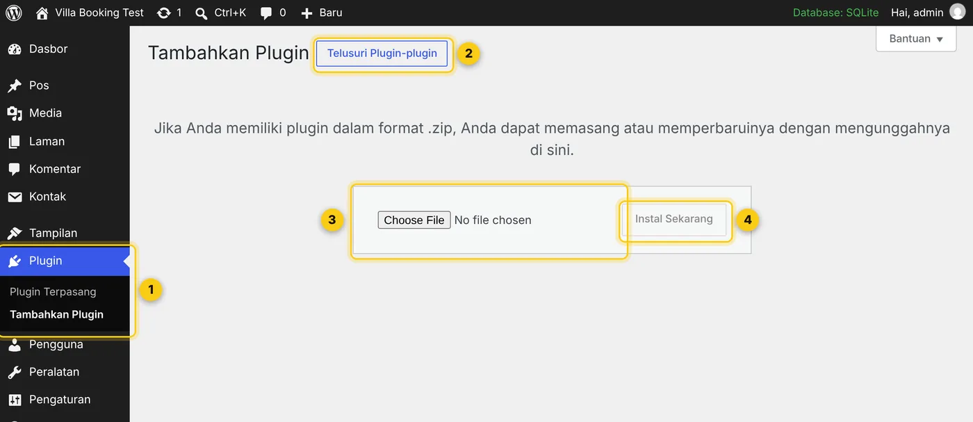 Halaman Tambahkan Plugin → Unggah Plugin di WordPress